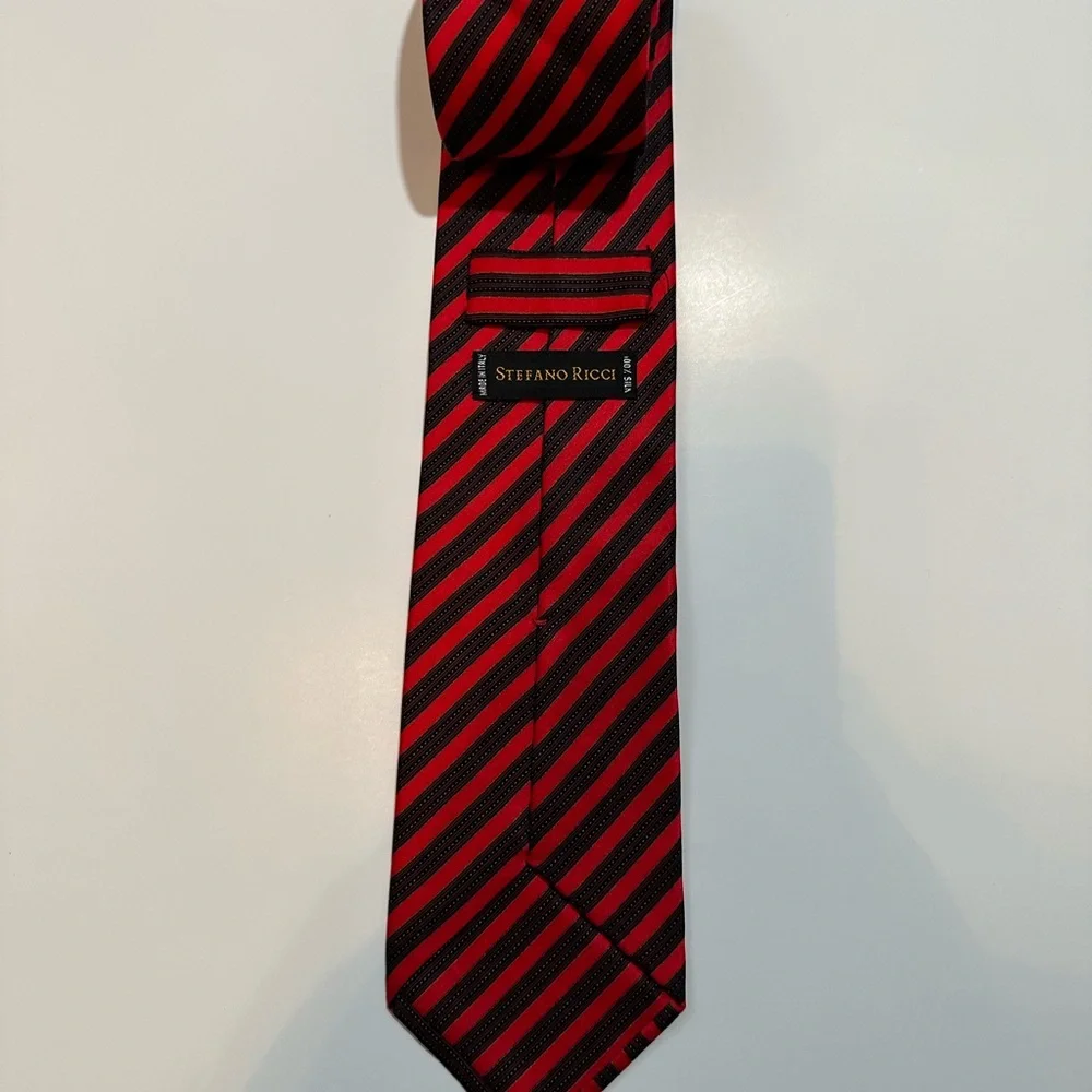 Stefano Ricci Firenze Italy Men’s Silk Tie Red Black Striped 3.5” Wide 60+” Long